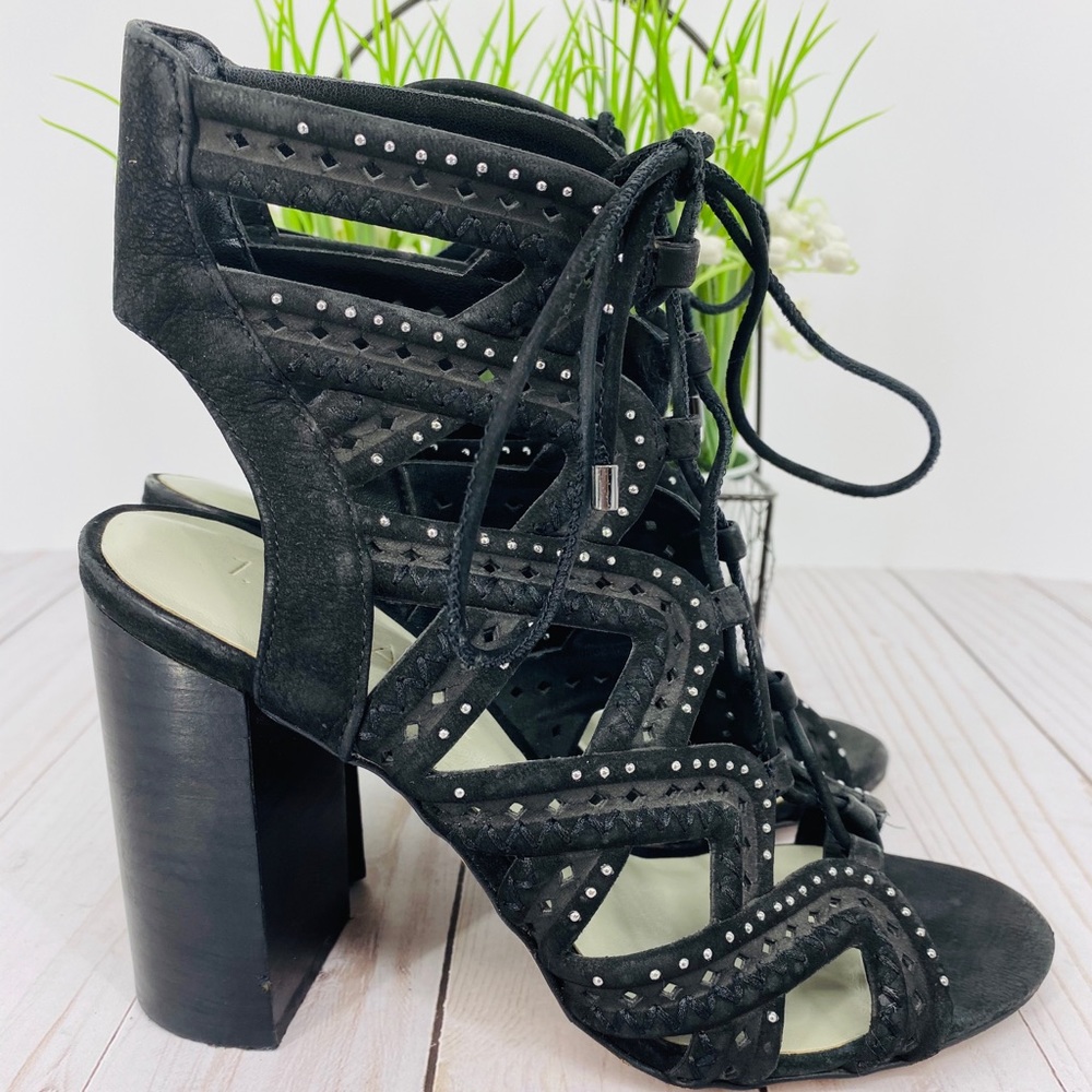 1. State Black Leather Cage Block Heel Lace Up Open Toe Studded Sandal Size 5.5 - Picture 3 of 8